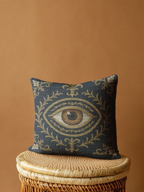A square woven tapestry pillow in charcoal grey and metallic gold thread, embodying a premium, artisan feel. The central design features a realistic, all-seeing evil eye, a nod to mystical home decor, encircled by ornate Victorian botanical flourishes. This combination of protective symbolism and dark naturalism elements is ideal for Whimsigoth, Gothic, and Dark Academia aesthetics. The luxurious, double-sided piece of functional art is perfect as a statement pillow.